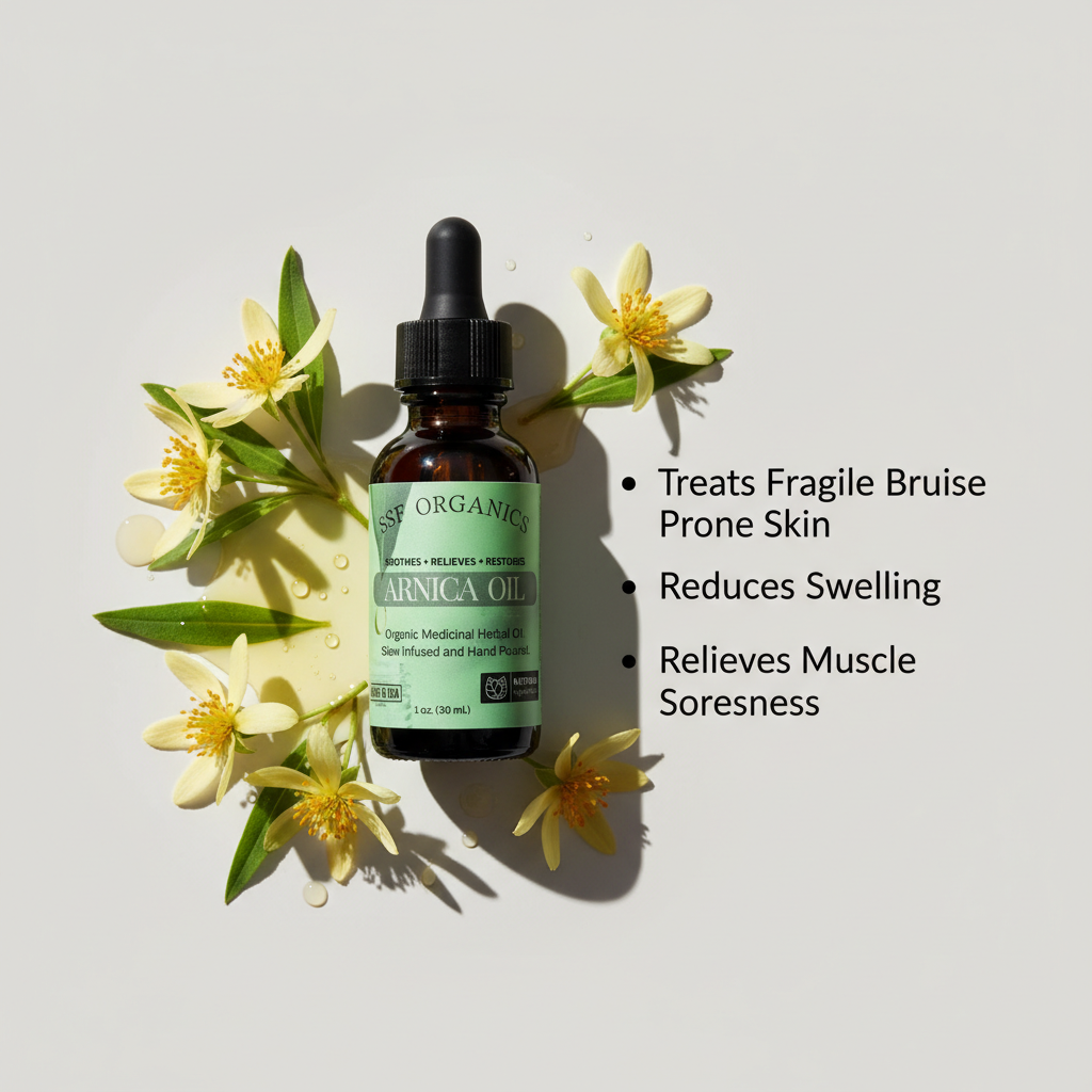 Bottle of Organics Arnica Oil surrounded by flowers on a light background. Bottle of Arnica Oil with flowers on a white background. for bruise skin fragile skin veins massage oil for backs and sore muscles. 