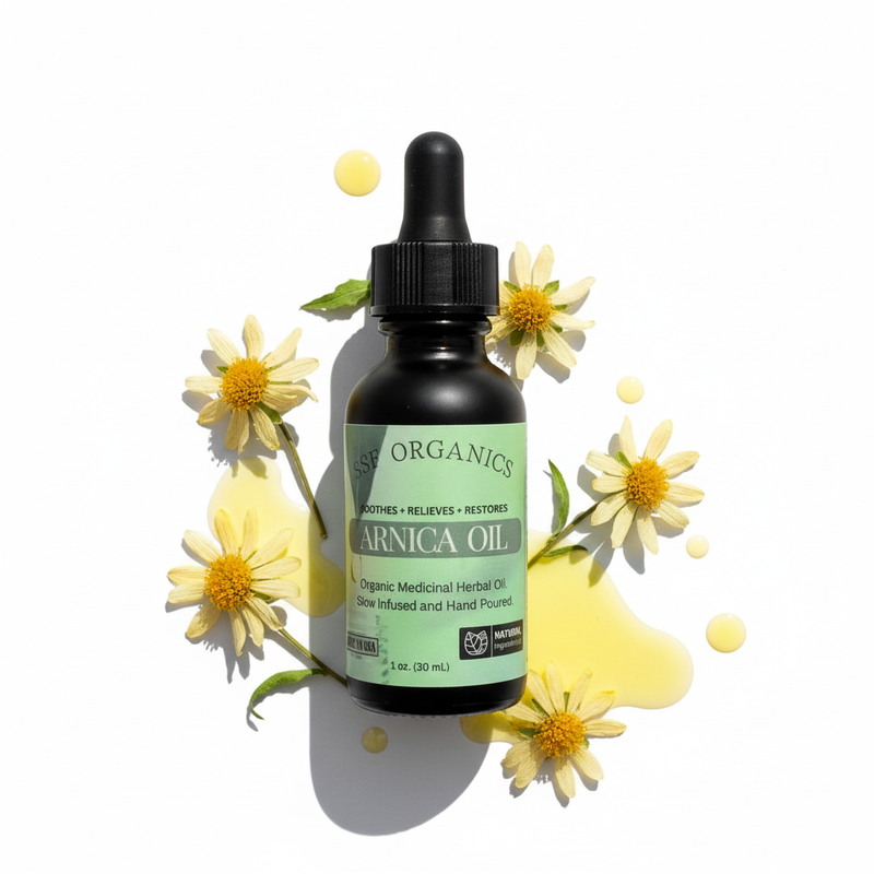 ssf organics bottle of arnica botanical oil for massage skin muscle and joint problems in a holistic natural formula.