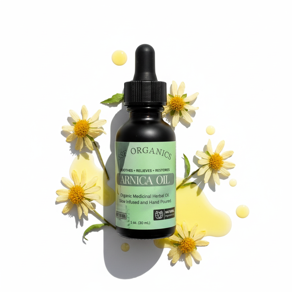Bottle of Arnica Oil with flowers on a white background. for bruise skin fragile skin veins massage oil for backs and sore muscles. 
