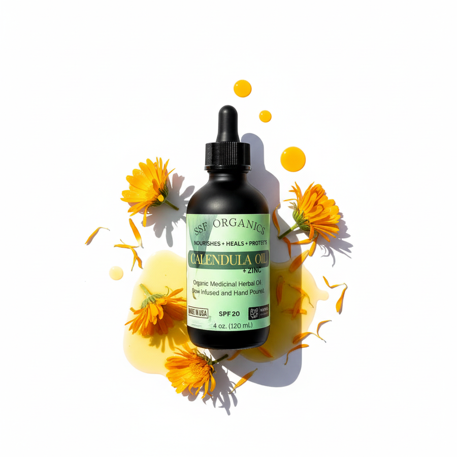 Organic calendula oil bottle with flowers on a white background