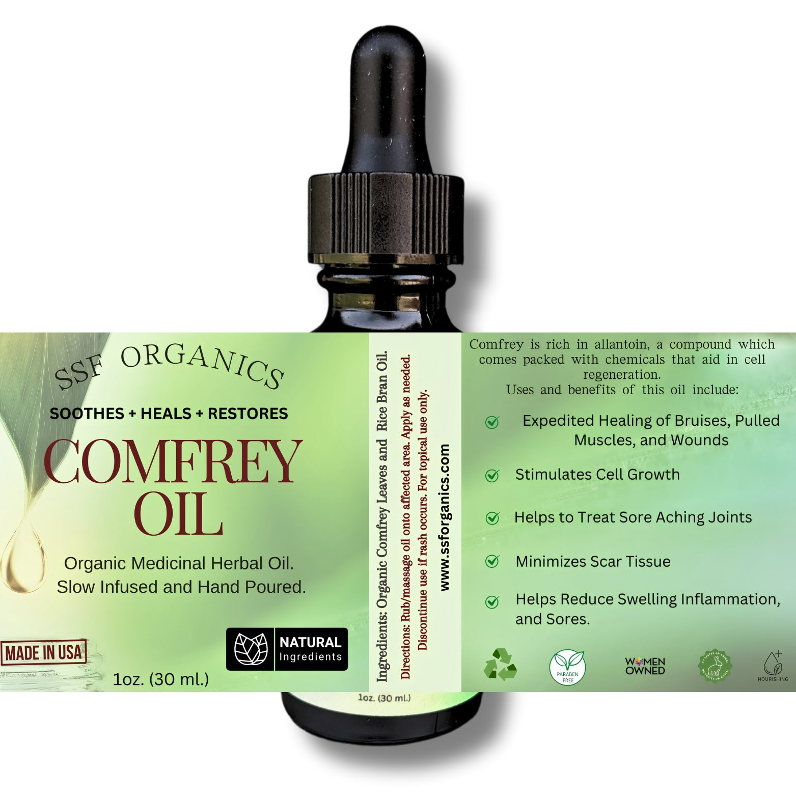 Comfrey oil bottle for bone healing organic | Skin Cream | Recovery Pian Ointment | Comfrey Salve for skin rashes and dermatitis | Eczema and psoriasis treatment |