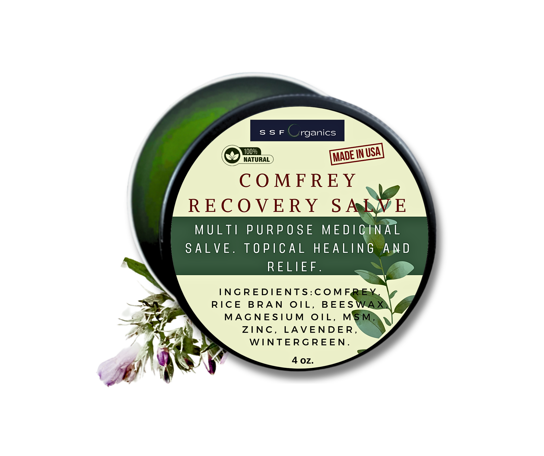 Comfrey Recovery Salve- All Purpose- Repairs Skin and Soothes Muscles/Joint Pain 4 oz. Metal Container