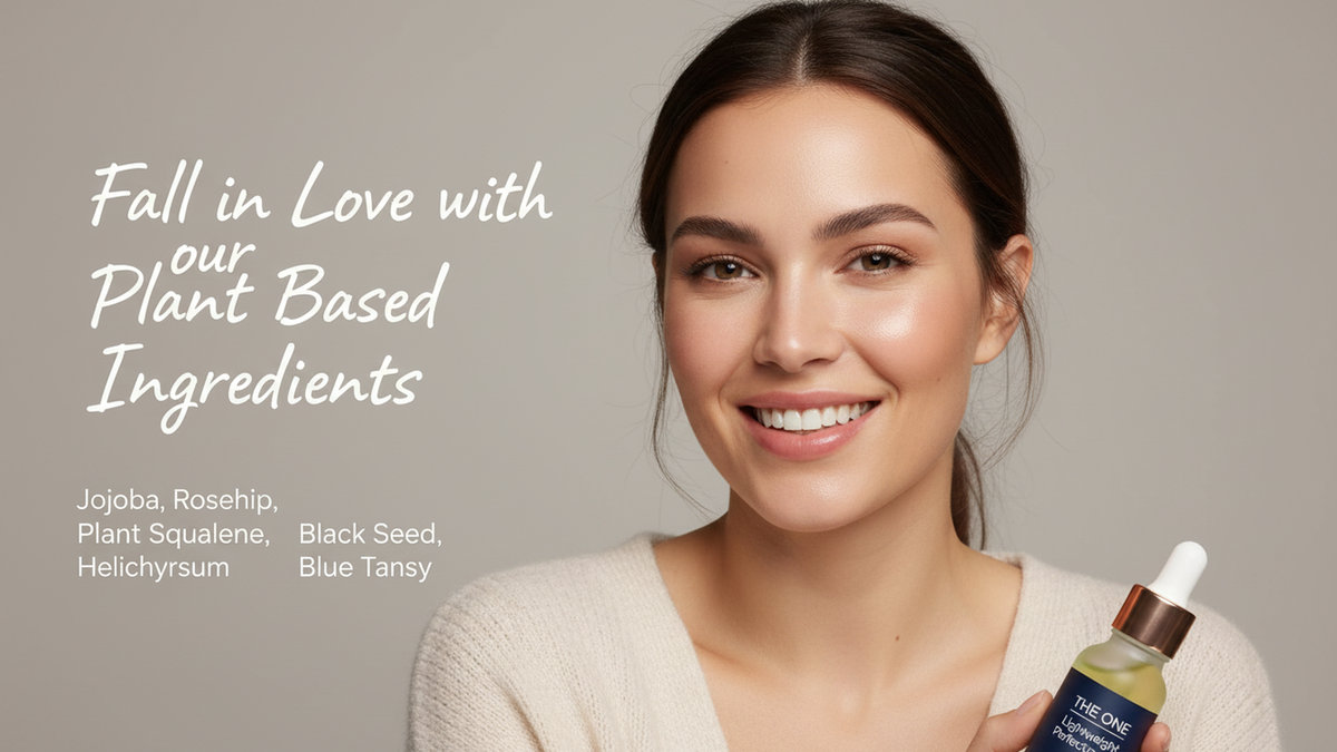Woman holding a bottle of skincare product with text about plant-based ingredients on a beige background