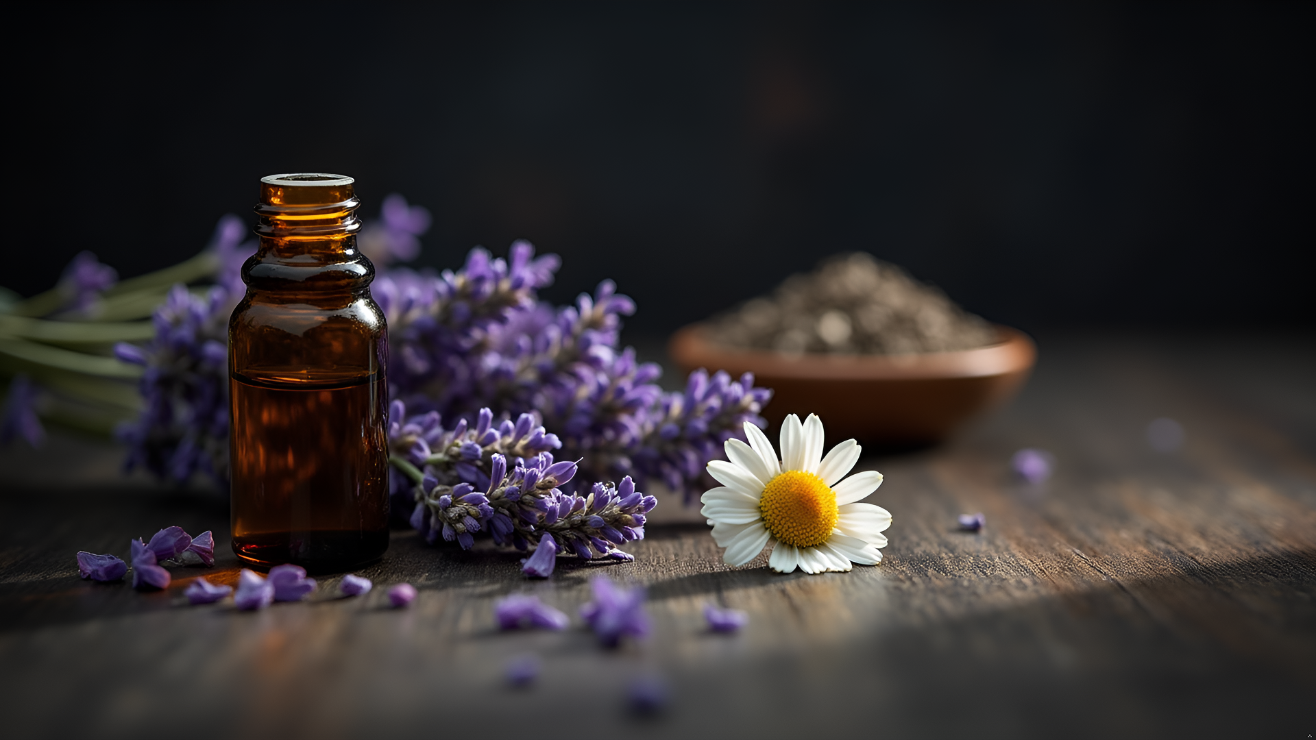 A bottle of essential oil with lavender flowers and a daisy on a wooden surface. facial care and skin repair. recovery for eczema, psoriasis, joint workout sports recovery and relief. comfrey argan jojoba oil face serum anti aging firming cream for rash. 