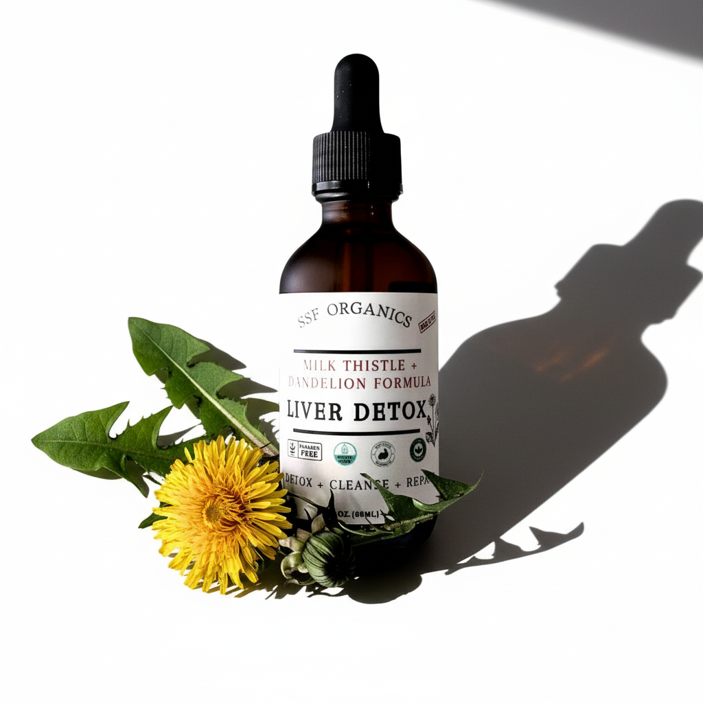 Bottle of liver detox supplement with herbs and a yellow flower on a white background. Increases liver function and activates the liver for improved performance. Stimulates the liver's production of bile, which breaks down fats and aids in the digestion of food, resulting in improved nutrient absorption and enhanced overall digestive efficiency.
