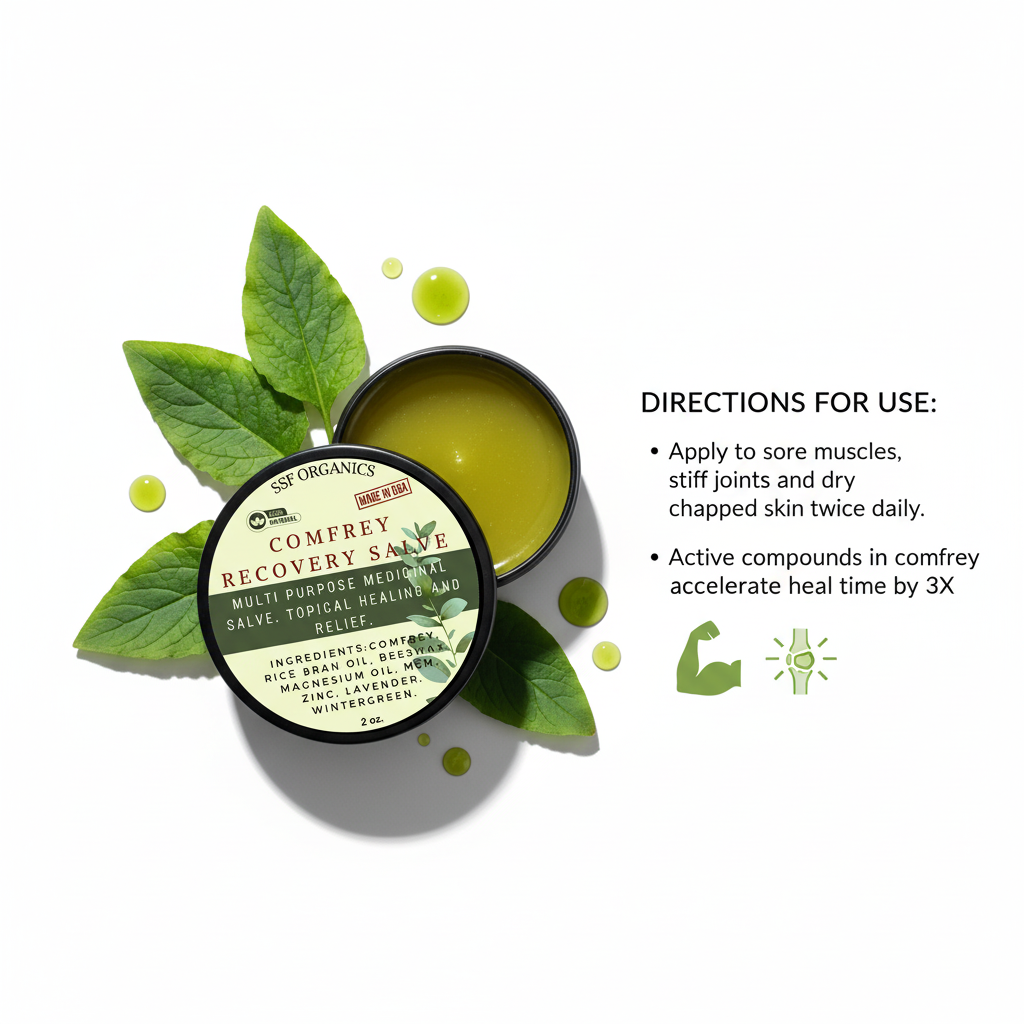 Comfrey recovery salve with green leaves and usage directions on a white background
