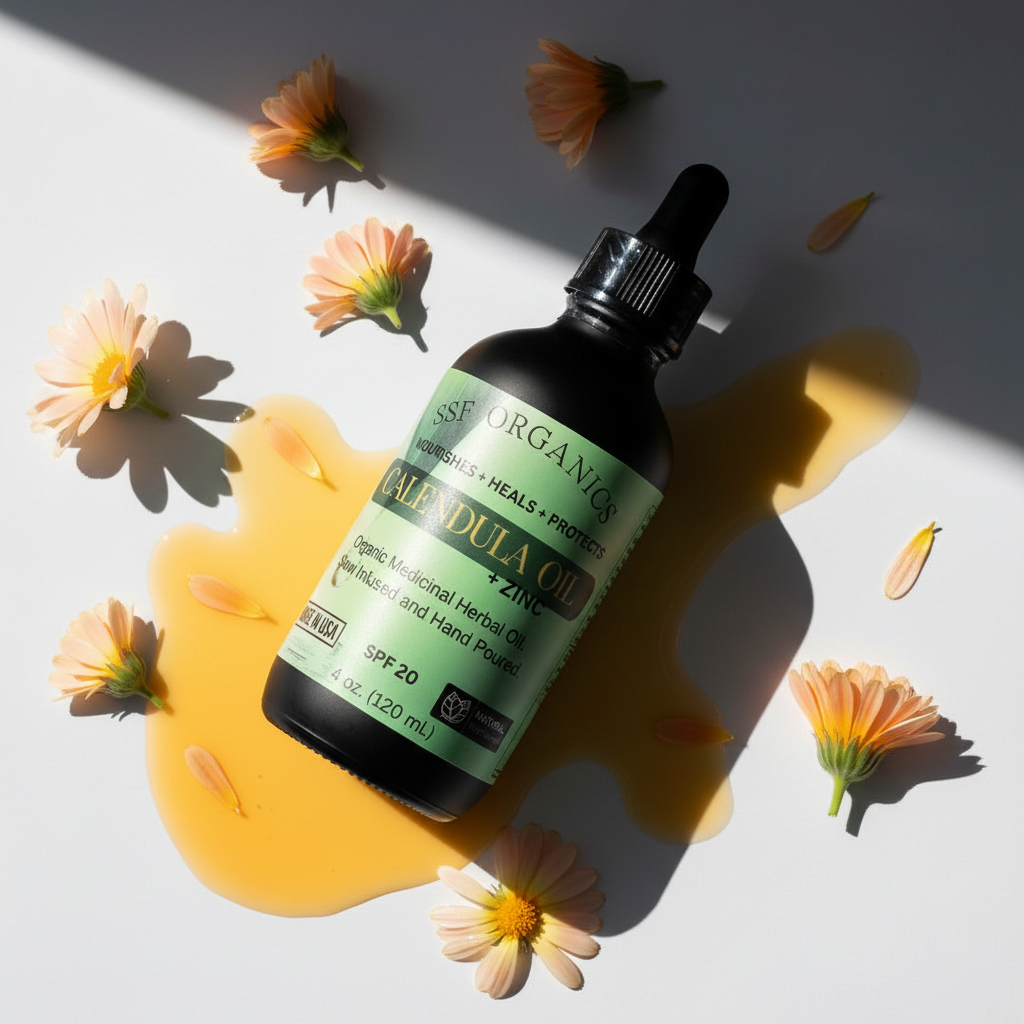 SSF Organics- Concentrated Medicinal Calendula (Calendula officinalis) Skin Repair Oil | Damaged Skin Recovery and Relief | Treats Eczema, Psoriasis, and Dermatitis.