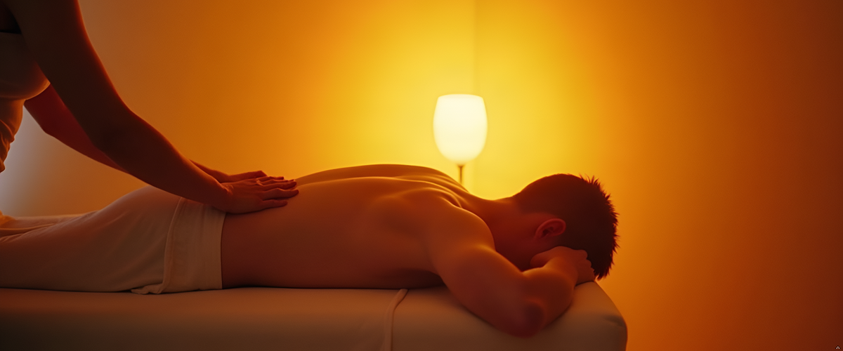 Person receiving a back massage on a treatment table in a warmly lit room.