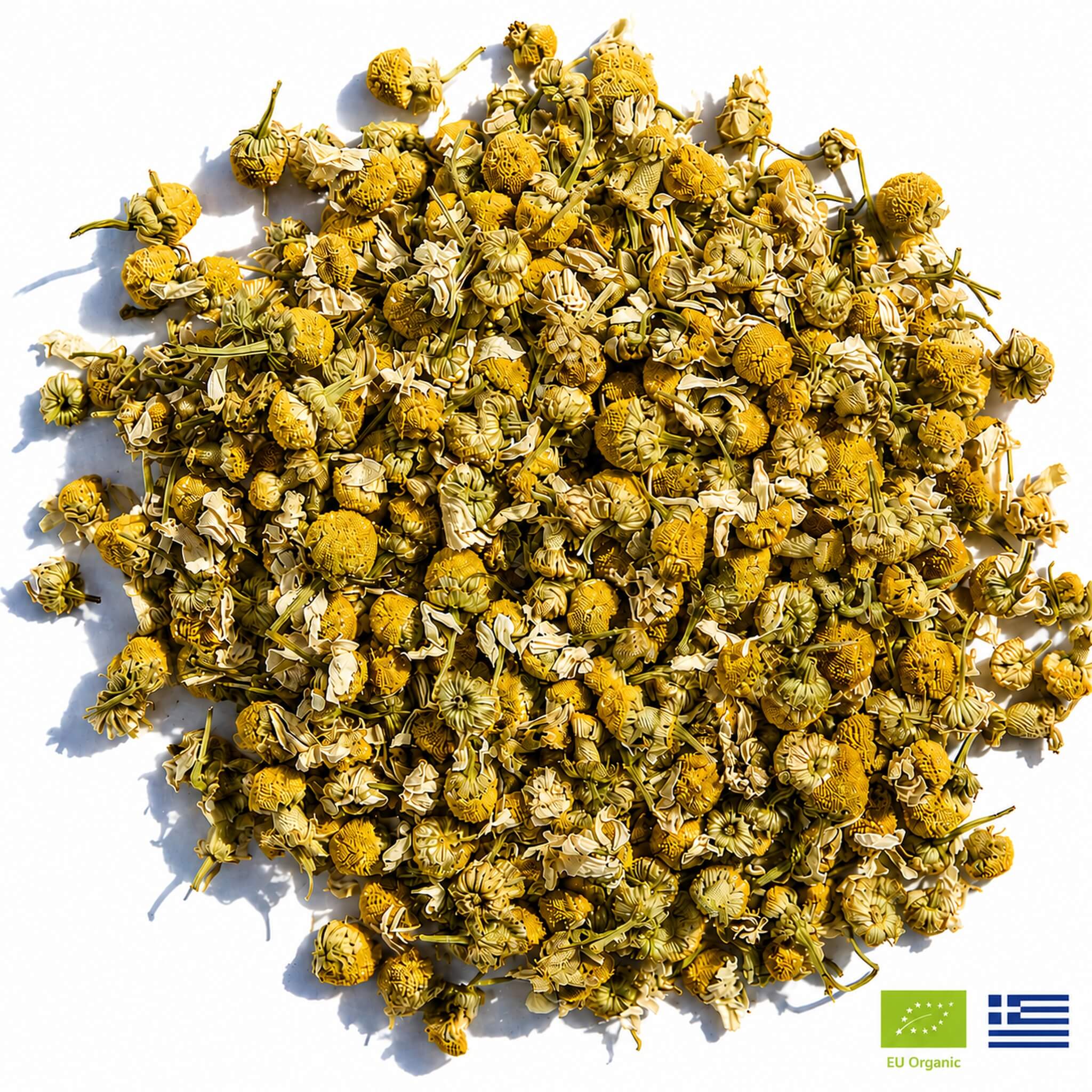 Pure whole flowers from Grevena, Greece. The most potent, honey-sweet chamomile you will ever taste.
Servings:&nbsp;2.5 oz / 45 cups (double steep for up to 90 cups)
Type: Matricaria Chamomilla 
Ingredients: Organic chamomile flowers.Chamomile tea is one of the most well-supported herbal teas for health, with measurable benefits for sleep, anxiety, digestion, and blood sugar. It’s caffeine-free, nearly calorie-free, and safe for most people at typical intake levels of one to three cups a day. 