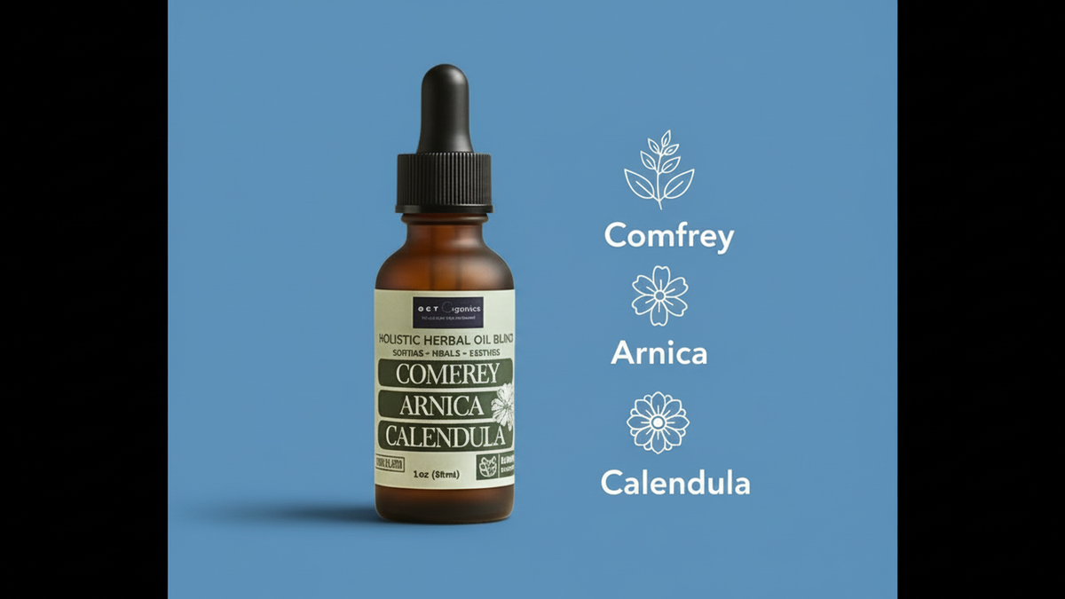 SSF Organics Comfrey, Arnica and Calendula Triple Oil Blend in a 1 oz amber glass dropper bottle.