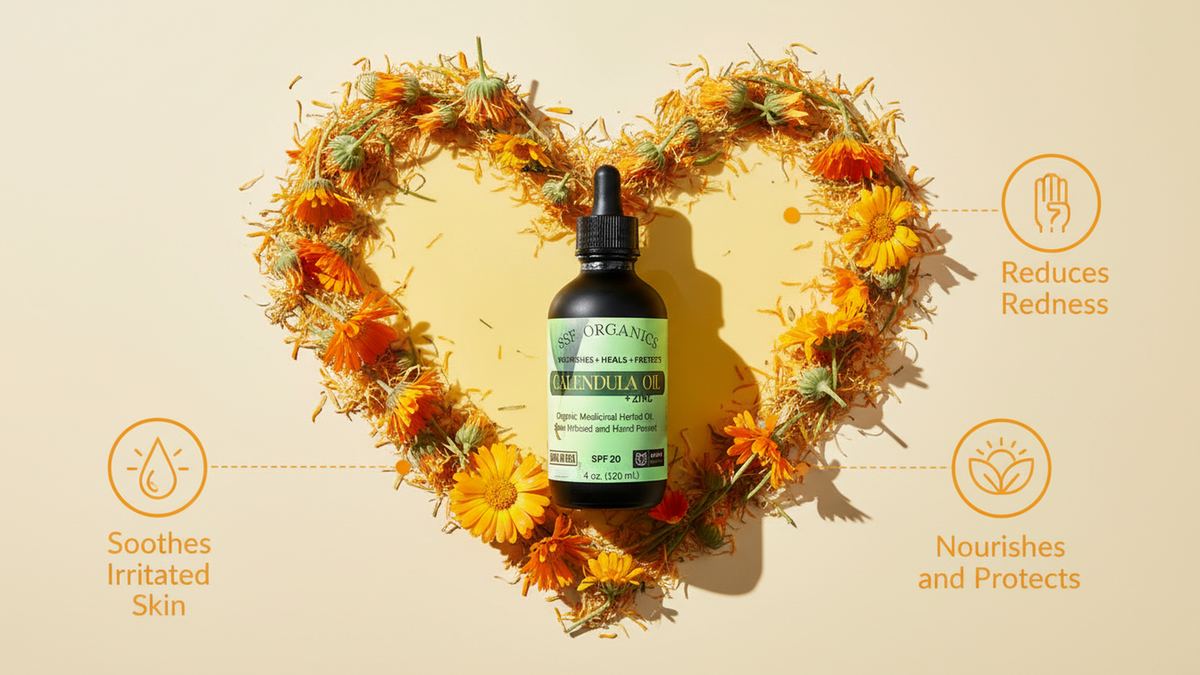 Bottle of calendula oil surrounded by calendula flowers arranged in a heart shape on a beige background. icons for reduces redness soothes irritated skin, and nourishes and protects. 