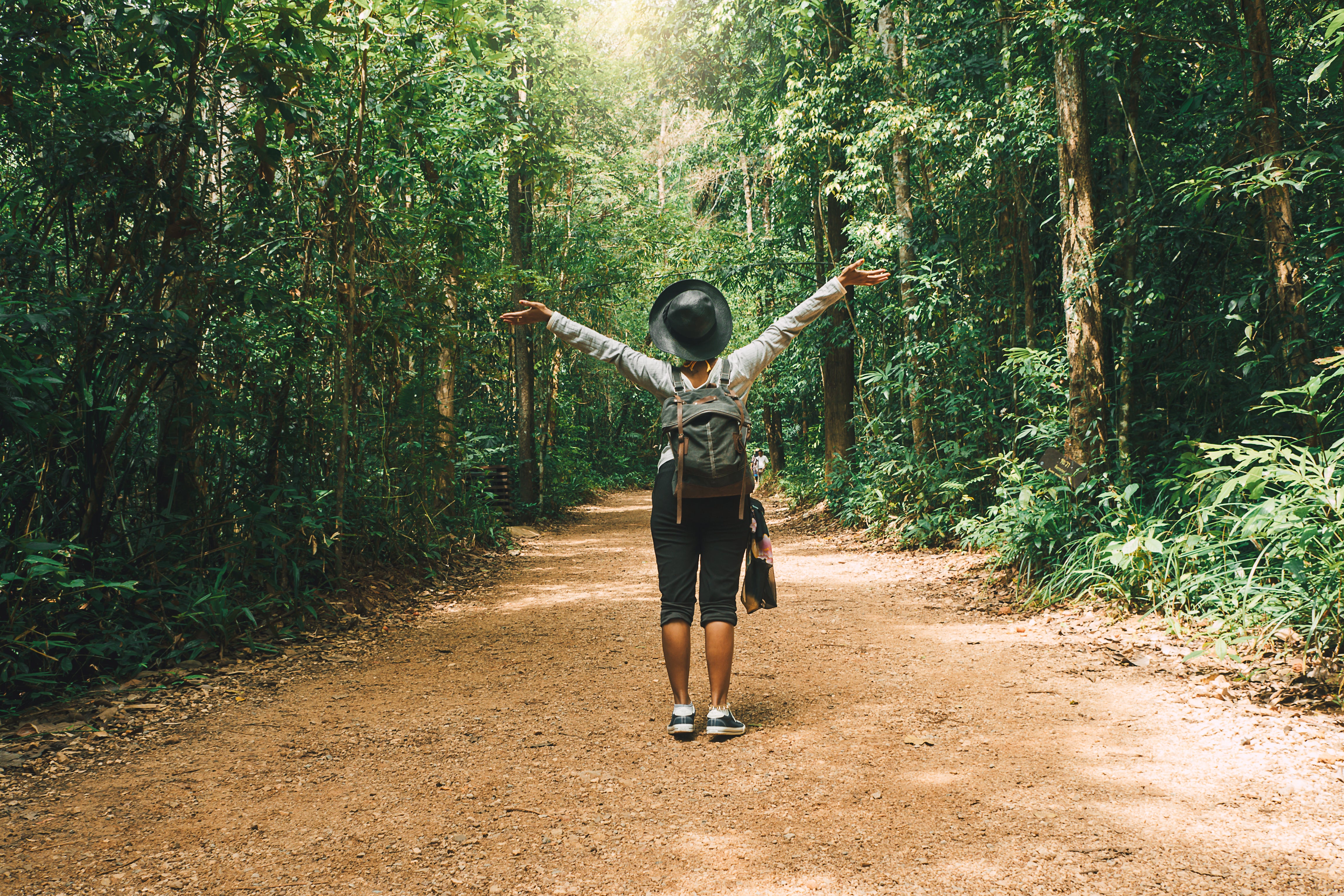 Person with arms outstretched walking on a dirt path through a dense forest. Person sitting on a gym floor with exercise equipment around. post surgery workout and joint care. Person meditating with hands in herbal tea  over sunset at beach. natural healing and topical recovery and relief from arthritis, psoriasis, and eczema. Treats with medicinal herbs like comfrey calendula | arnica | blue tansy | tea tree | bee venom |penetrex and tea for recovery and relief. oras amazing touchy skin for pain and inflam