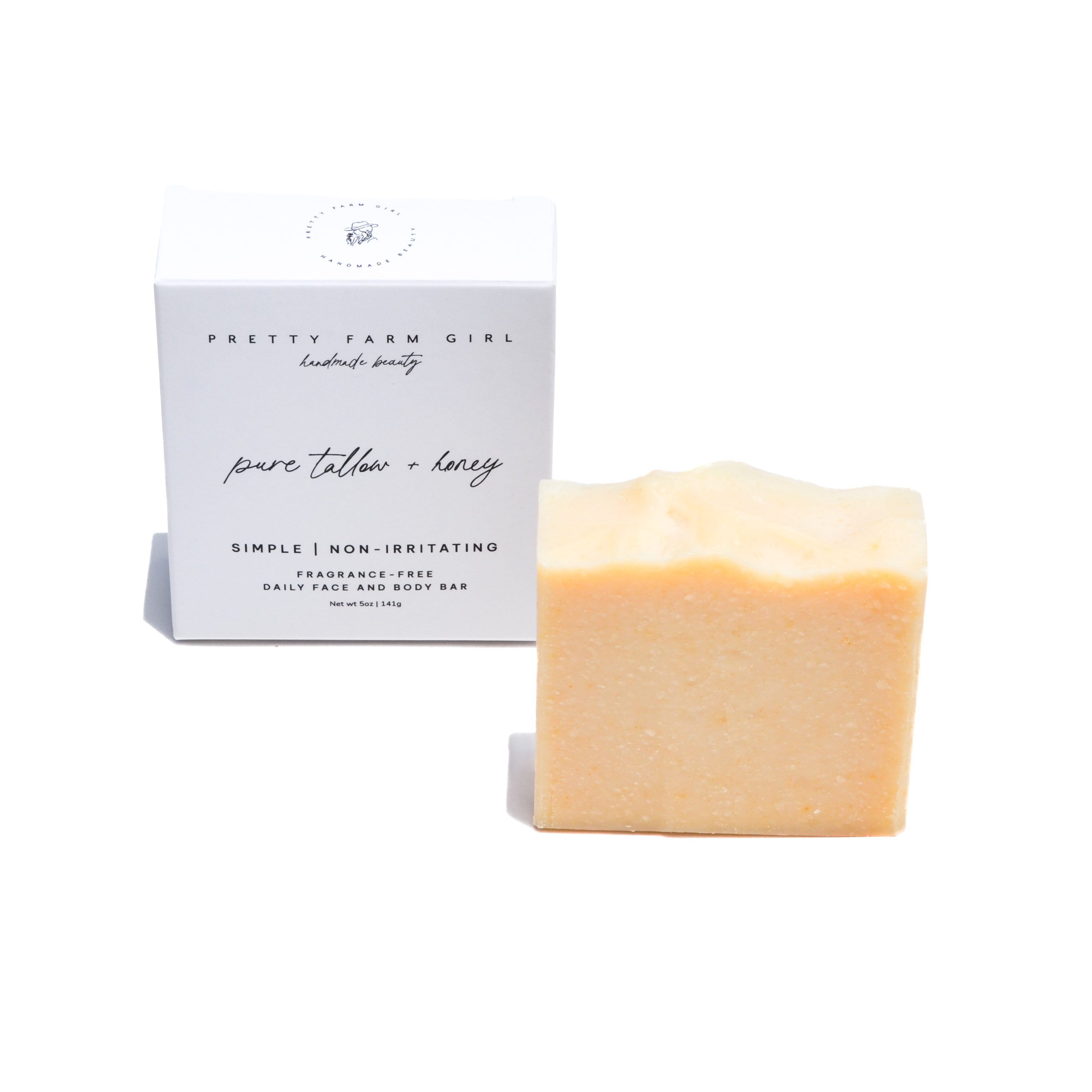 Bar of soap with a 'Pretty Farm Girl' label on a white background. Pretty Farm Girl | Pure Tallow + Honey Fragrance Free Handmade Tallow and Goat Milk Soap Bar